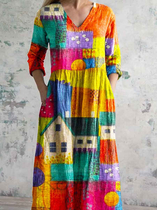 Women's V-neck Artistic Ccolorful Pattern Cotton And Linen Dress