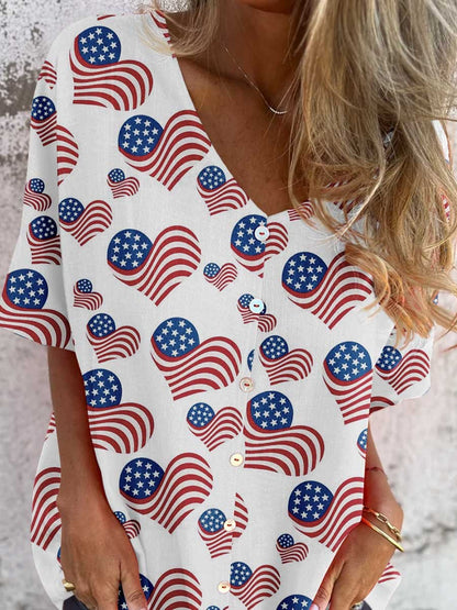 Women's Independence Day Printed Cotton and Linen Shirt Top