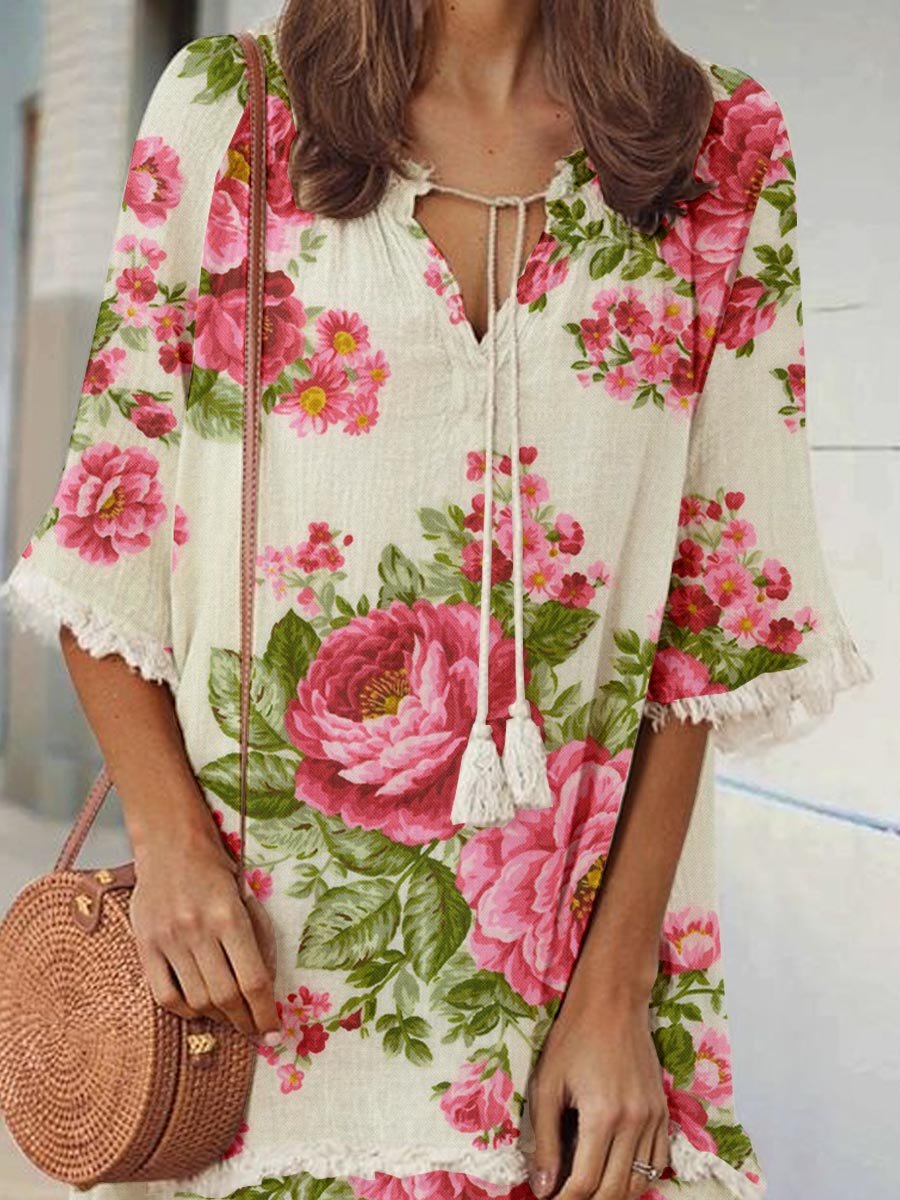 Women's Elegant Rose Floral Print V-Neck Strappy Raw Edge Cotton And Linen Dress