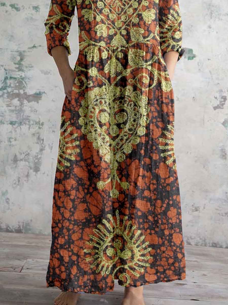 Women's Bohemian Pattern V-Neck Cotton and Linen Dress