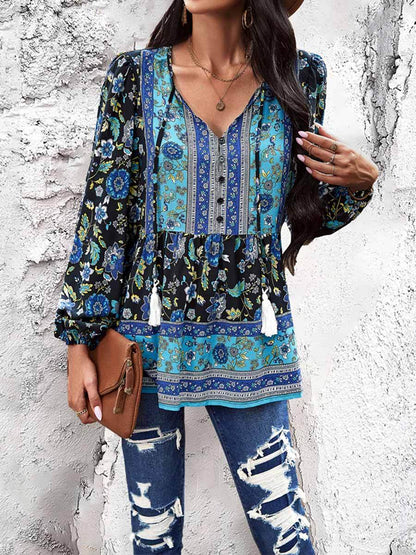 Women's Casual Printed V-Neck Long Sleeve Shirt