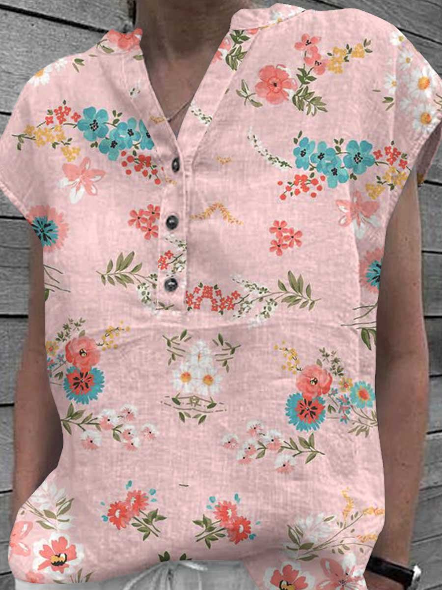 Women's Classic Elegant Floral Pattern Cotton and Linen Top