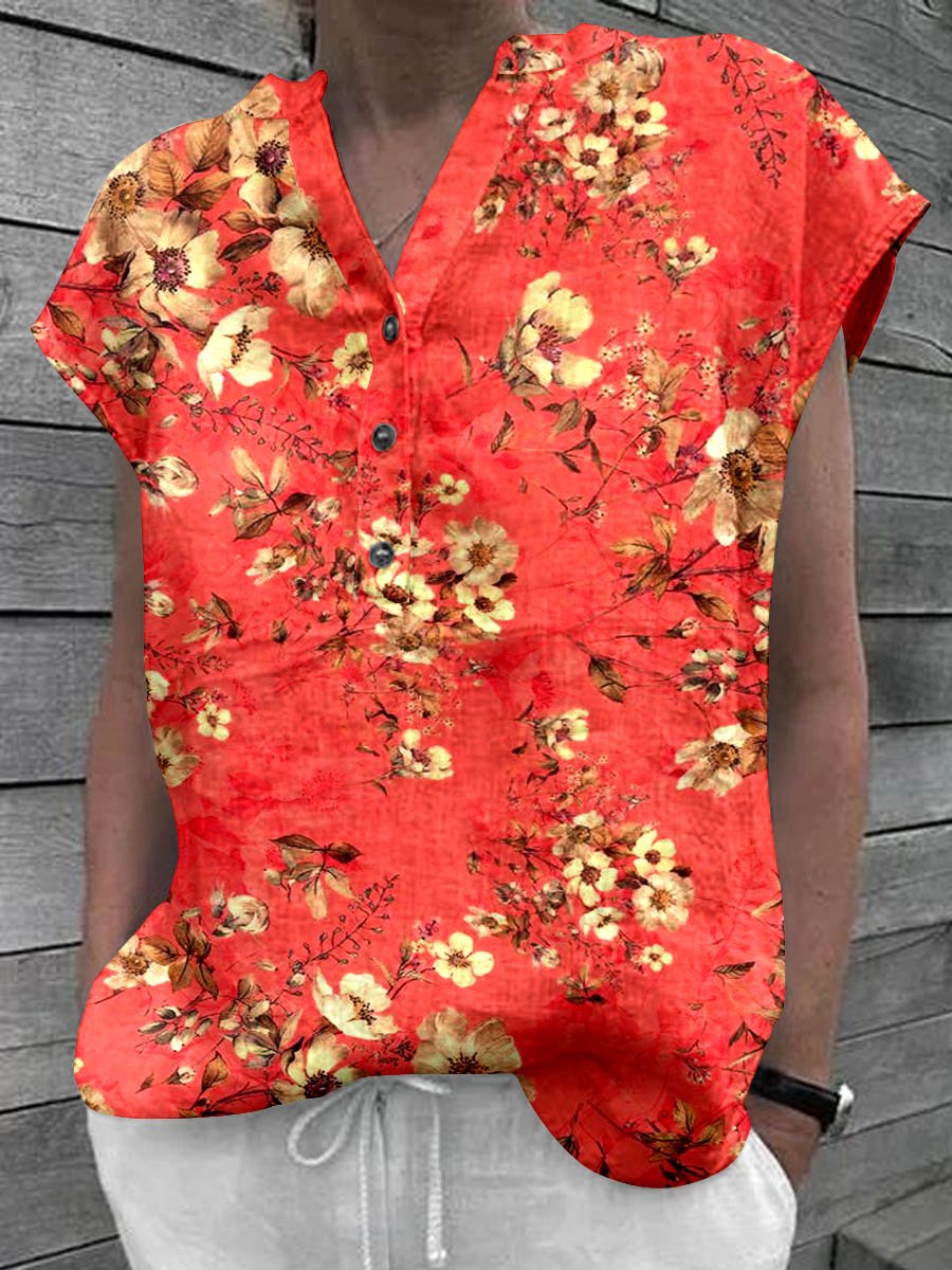 Women's  Floral Art Casual Cotton Shirt Top