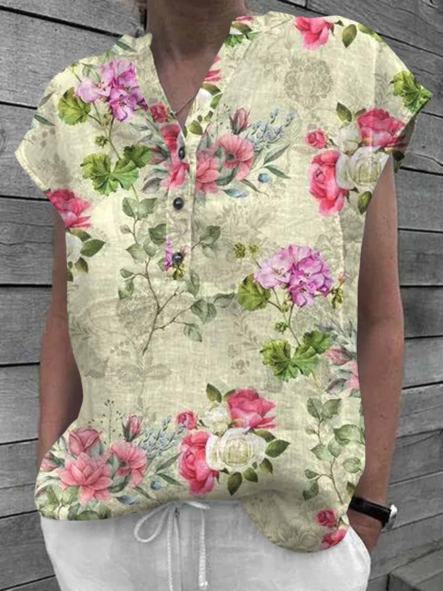 Women's Floral Art Casual Cotton Shirt Tops