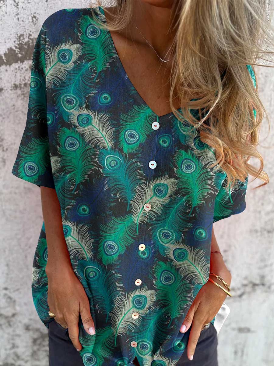 Women's Peacock Feather Pattern Printed V-neck Shirt Style Cotton and Linen top