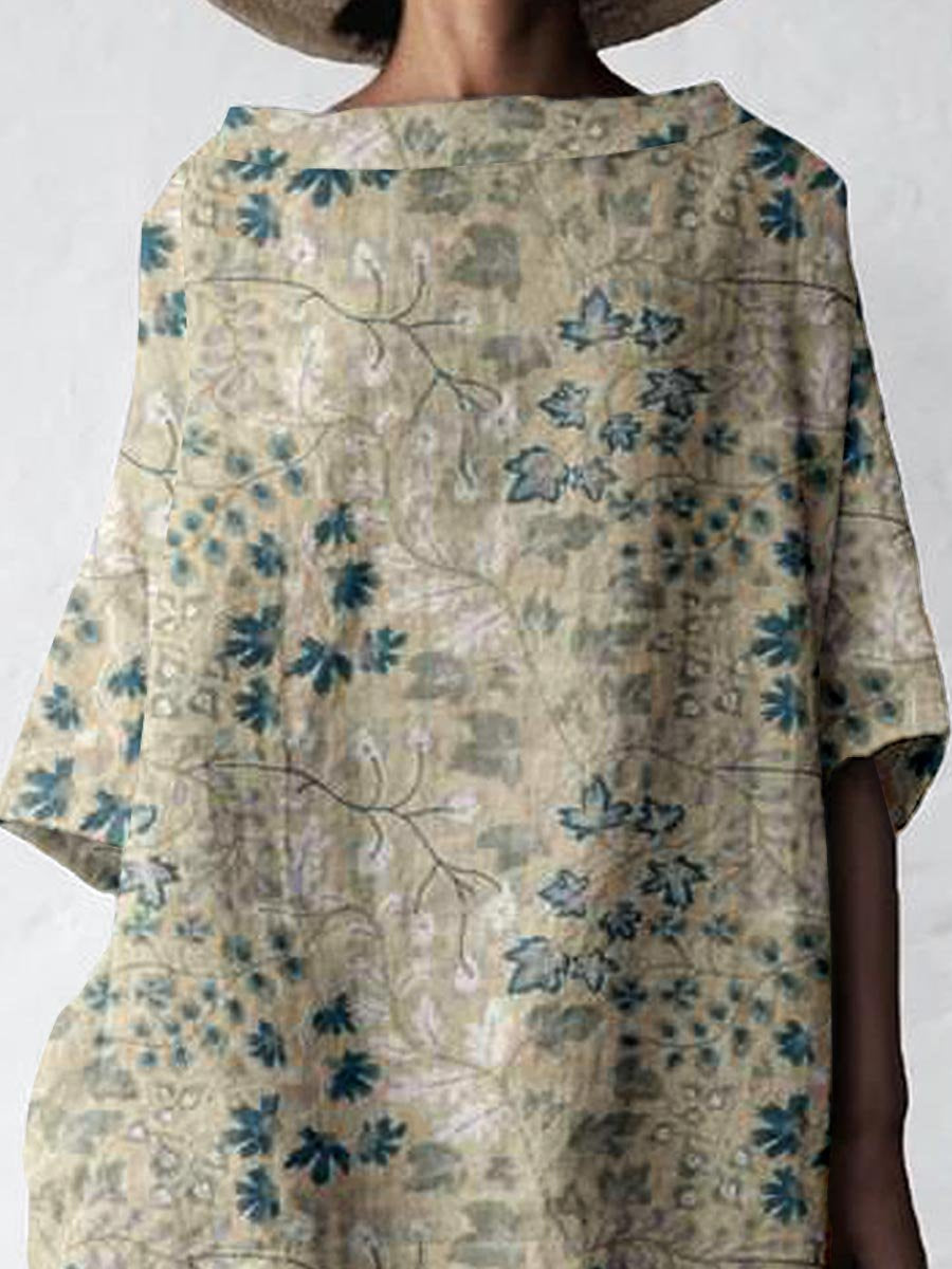 Women's Elegant Vintage Floral Pattern Cotton and Linen Top