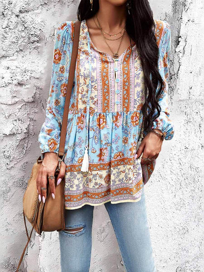 Women's Casual Printed V-Neck Long Sleeve Shirt