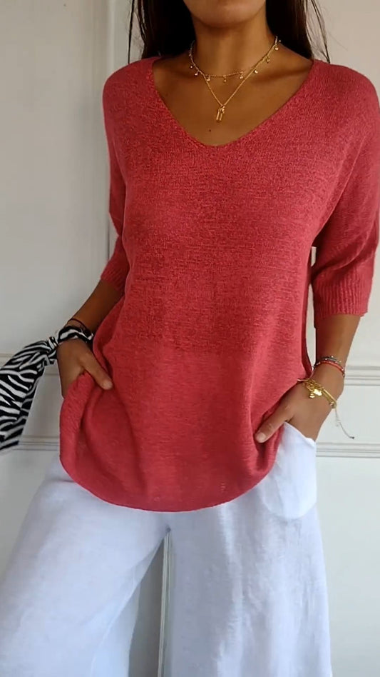 Emma - Solid Colour Knitted V-Neck Top