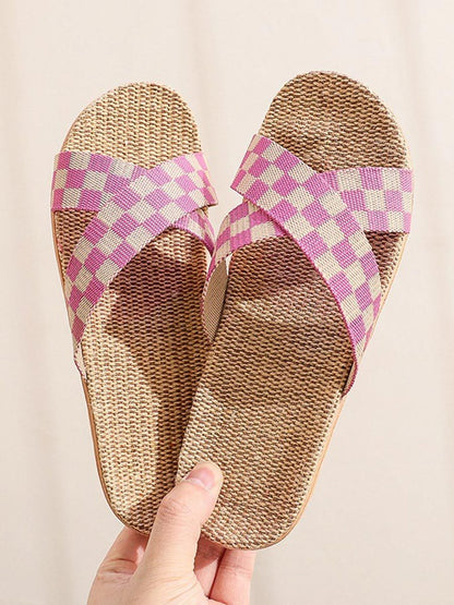 Women's Plaid Linen Thick Sole Non-Slip Home Slippers