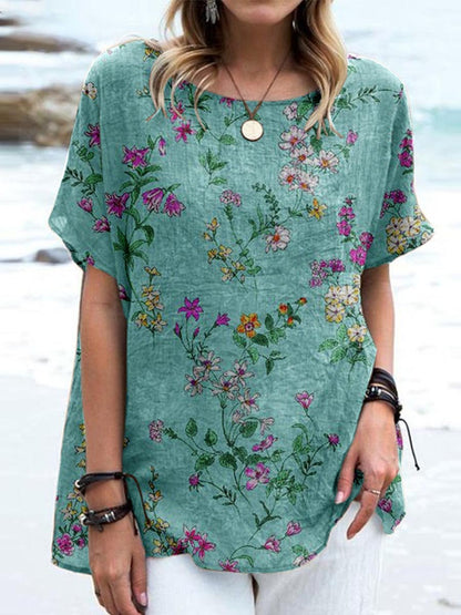 Women's Elegant Floral Print Cotton and Linen Top