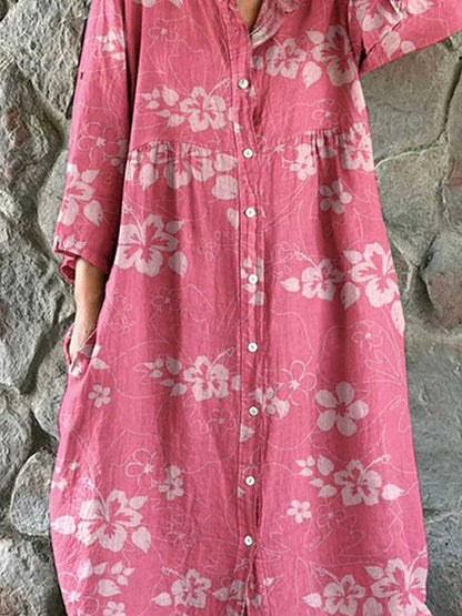 Women's Floral Sakura Print Cotton and Linen Shirt Dress