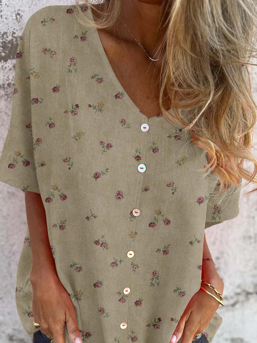 Women's Elegant Retro Floral Pattern Round Shirt Style Cotton and Linen Top