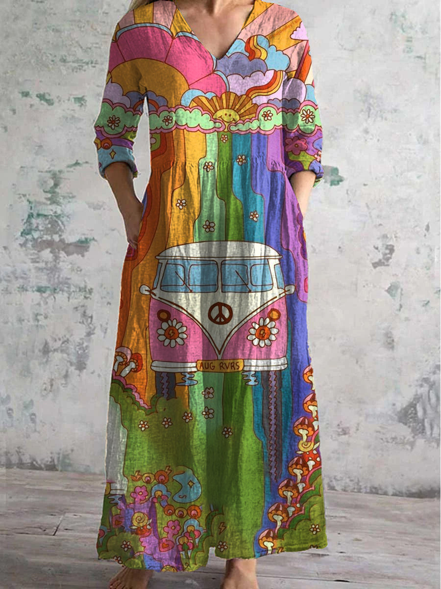 Vintage Hippie Art Print Chic V Neck Three Quarter Sleeve Elegant Midi Dress