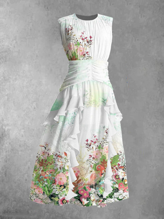 Women's Vintage Floral Art Print V-Neck Chiffon Sleeveless Maxi Dress