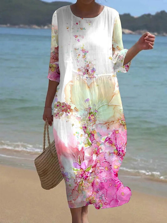 Women's Casual Round Neck Floral Art Print Elegant Dress