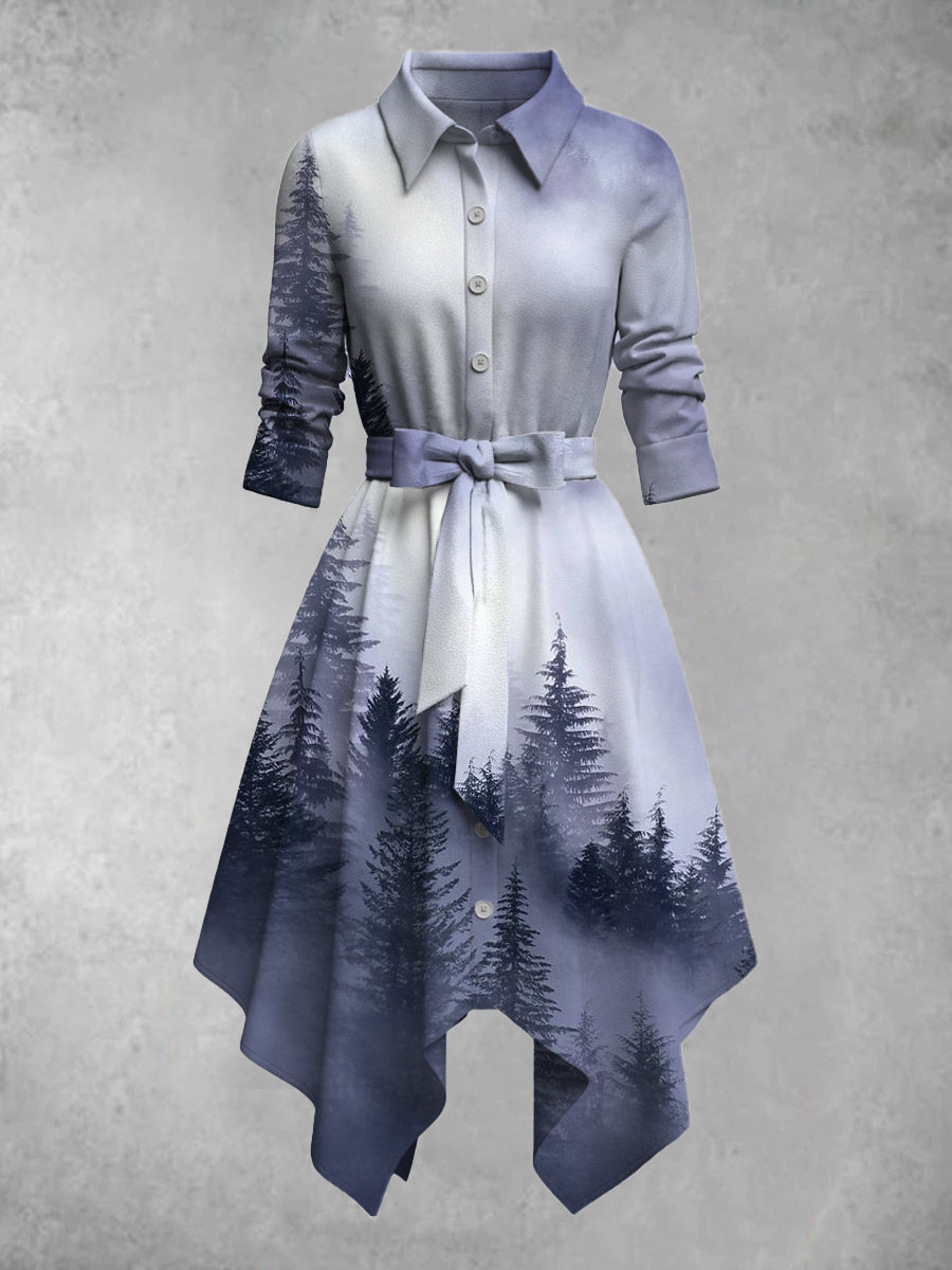 Retro Mountain Art Printed Lapel Half Sleeve Button Midi Shirt Elegant Dress