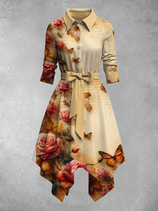 Vintage Floral Art Print Lapel Half Sleeve Button Up Midi Shirt Elegant Dress