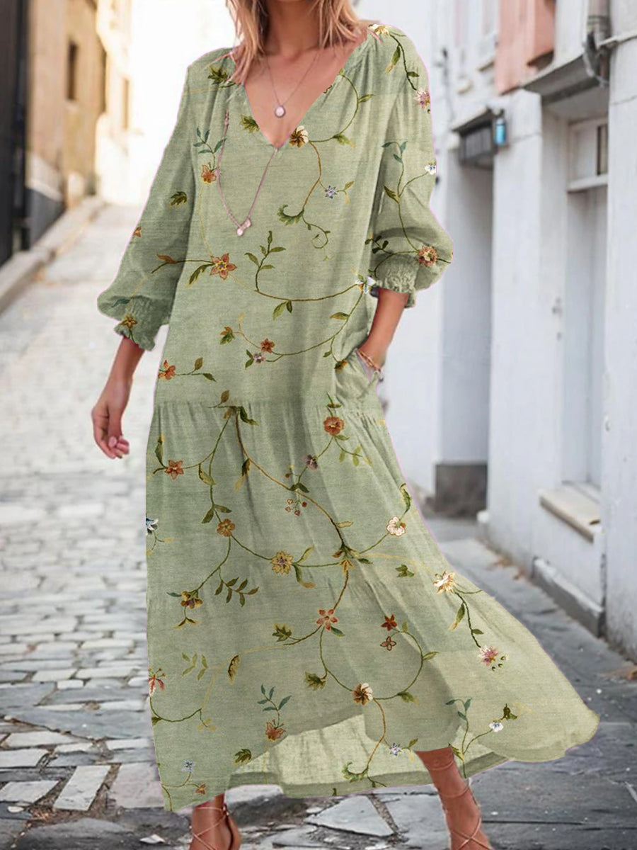 Vintage Floral Art Print Chic V-Neck Long Sleeve Elegant Flowing Long Dress