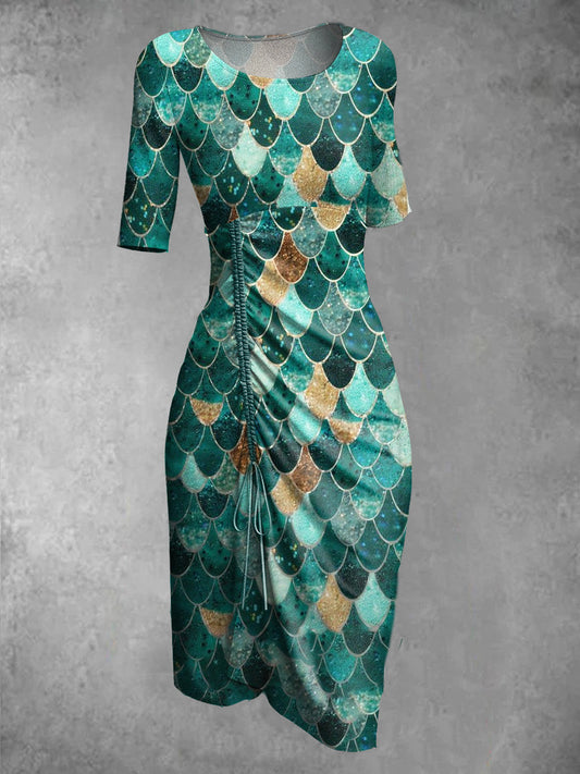 Retro Diamond Art Print Round Neck Elegant and Chic Half Sleeve Midi Dress