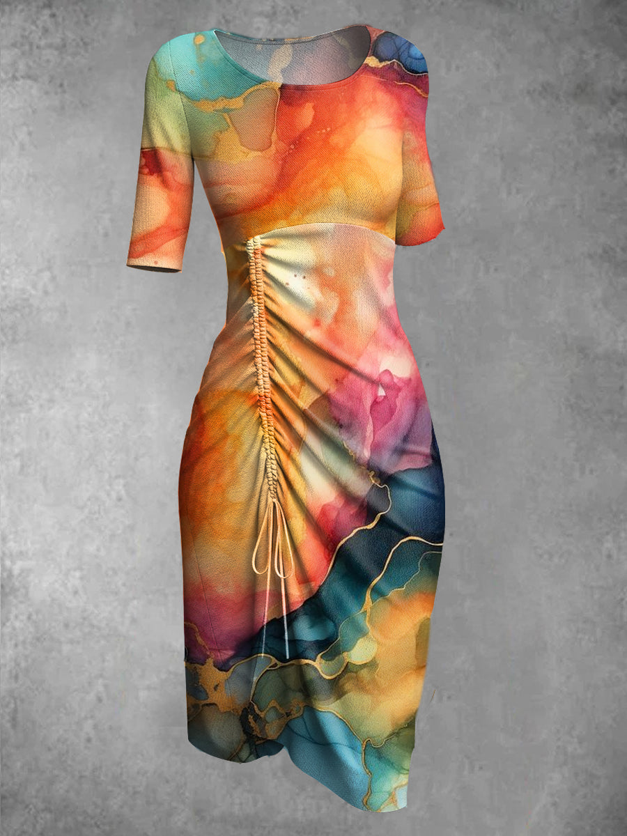 Retro Gradient Art Print Round Neck Elegant and Chic Half Sleeve Midi Dress