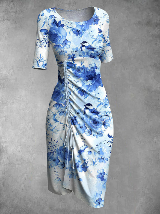 Retro Floral Art Print Round Neck Elegant and Chic Half Sleeve Midi Dress