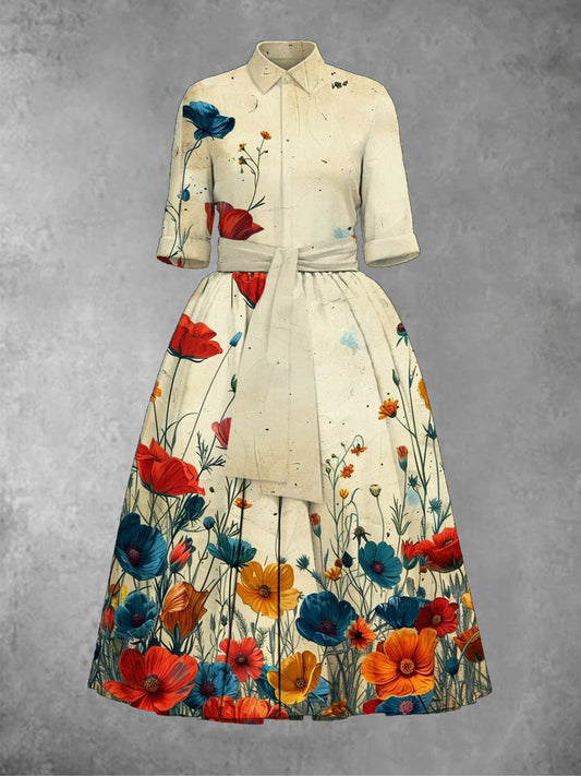 Retro Floral Art Print Lapel Half Sleeve Elegant Midi Dress